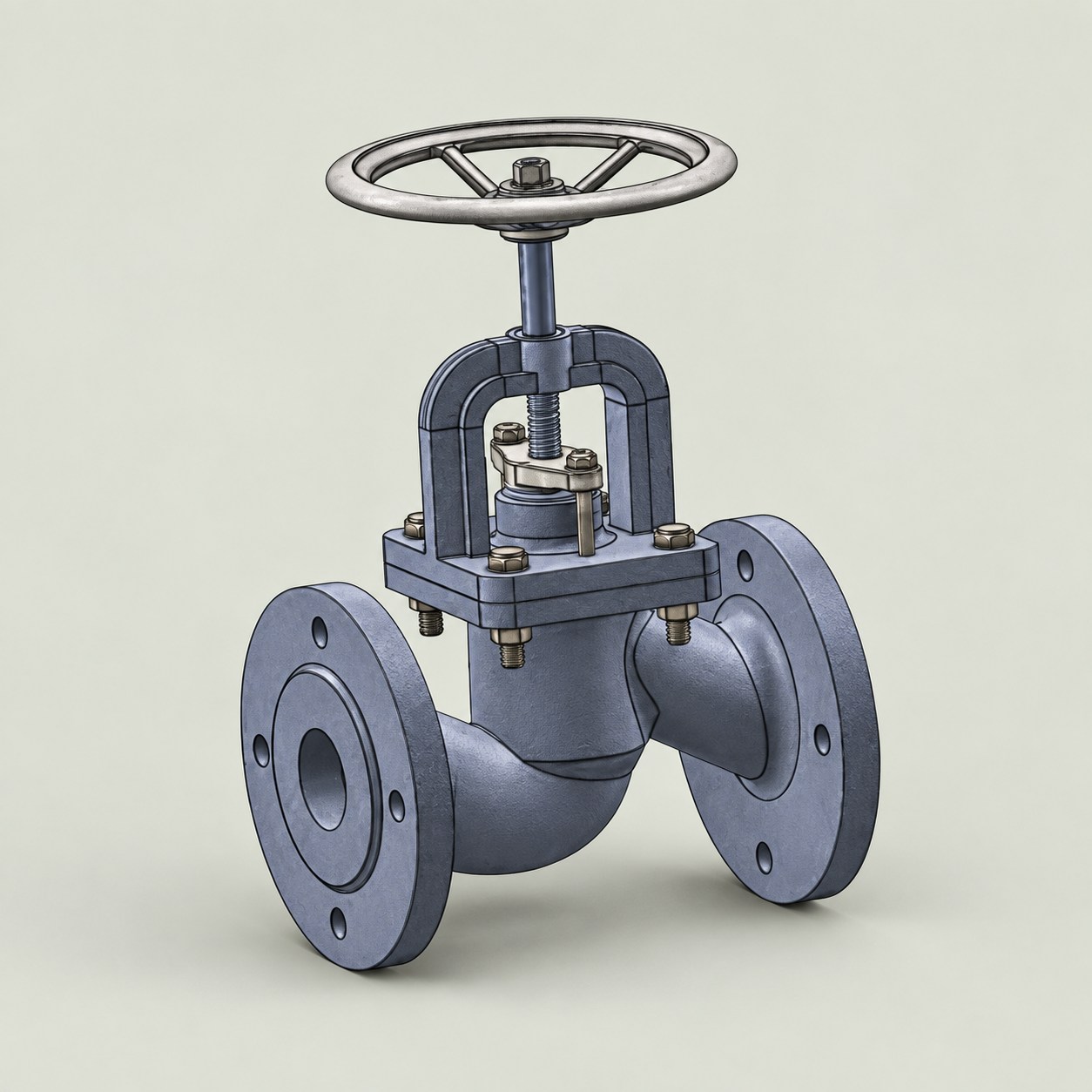 Cutaway rendering of a globe valve with handwheel and internal assembly